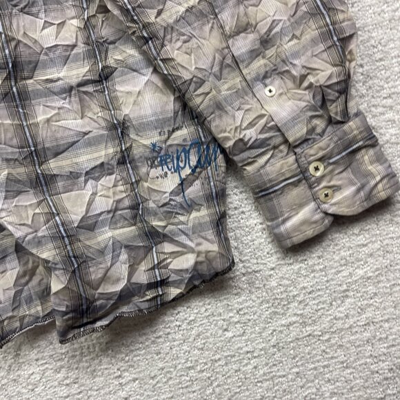 Y2K Manfred Plaid Button Up Shirt Goth Punk Doodle Script Graphic AOP Mens L - Picture 12 of 13